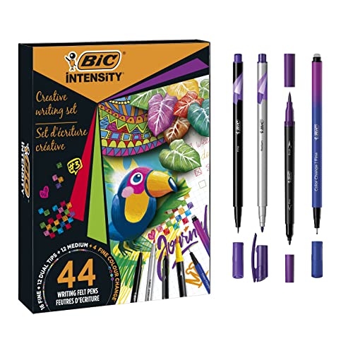 BIC Intensity Stifte Set à 44: 12 Dual Brush Filzstifte und 3 verschiedene Fineliner Arten: 12 mit mittlerer Spitze, 16 mit feiner Spitze und 4 mit 'Colour Change' Funktion