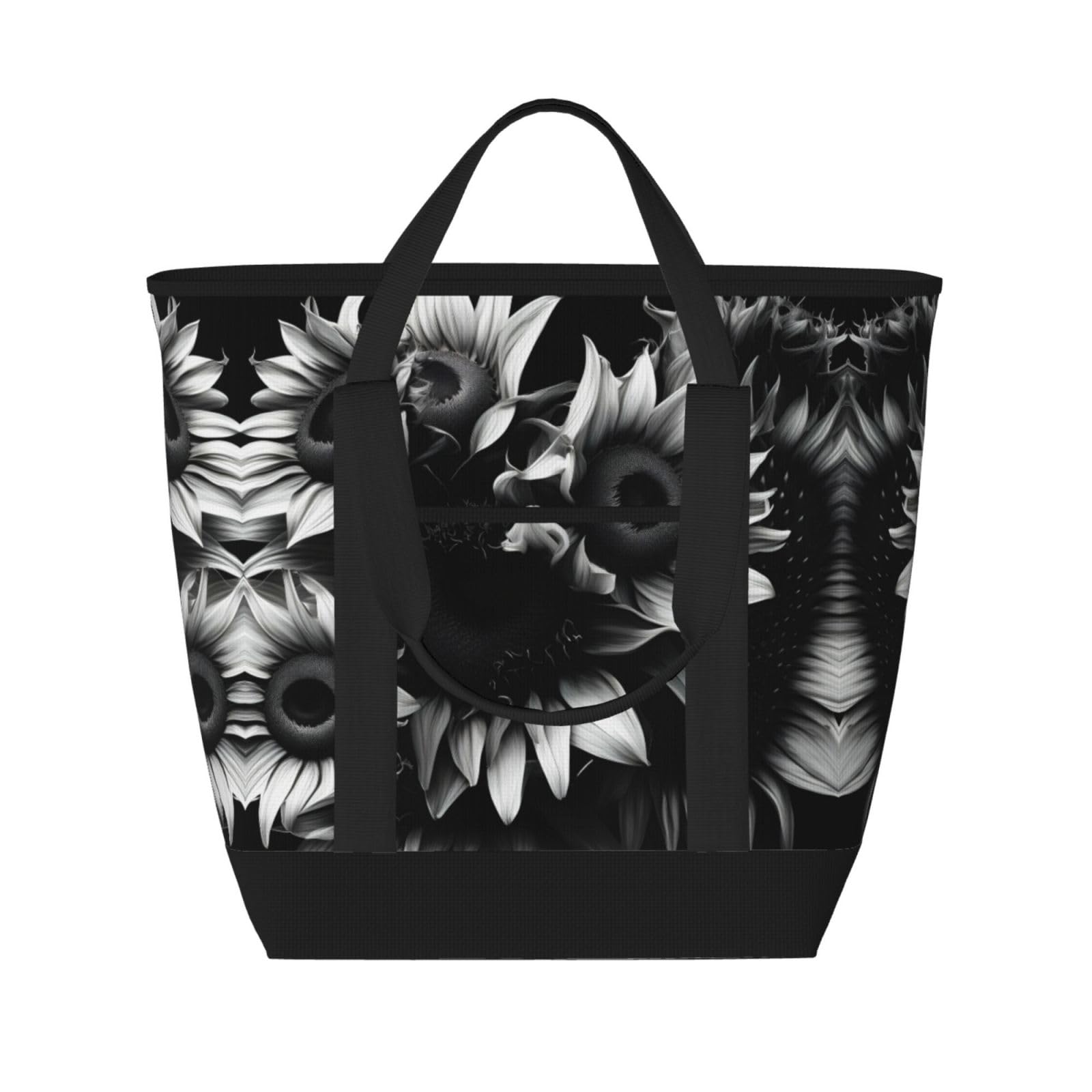 YQxwJL Isolierte Kühltasche mit Sonnenblumen-Aufdruck, großes Fassungsvermögen, Einkaufstasche, Reisetasche, Strand, wiederverwendbare Einkaufstasche für Erwachsene, Schwarz und Weiß, Schwarz,