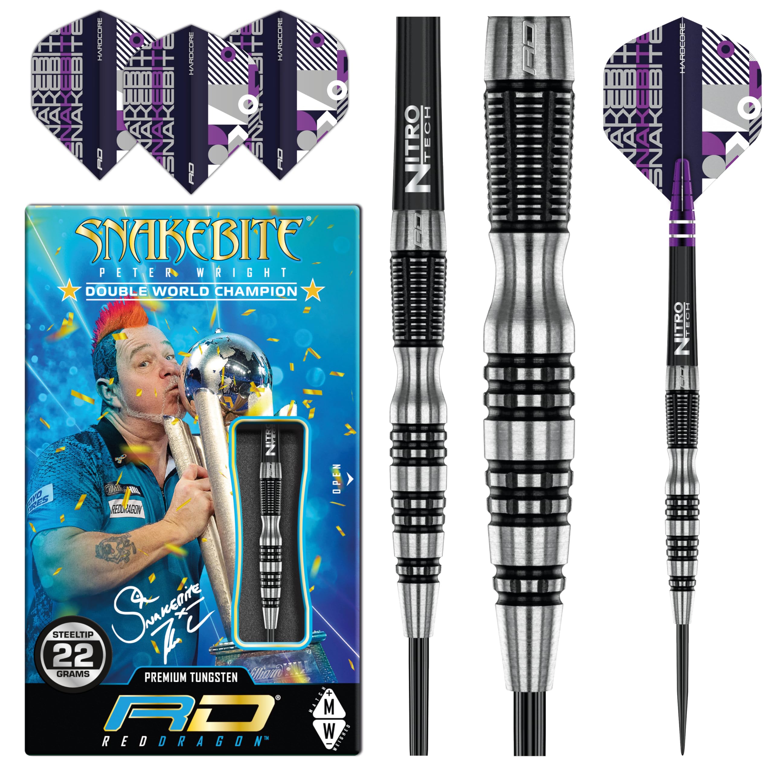 Red Dragon Peter Wright Snakebite Black Racer 22 Gramm Professional Tungsten Dartpfeile Set mit Flights und Schäfte