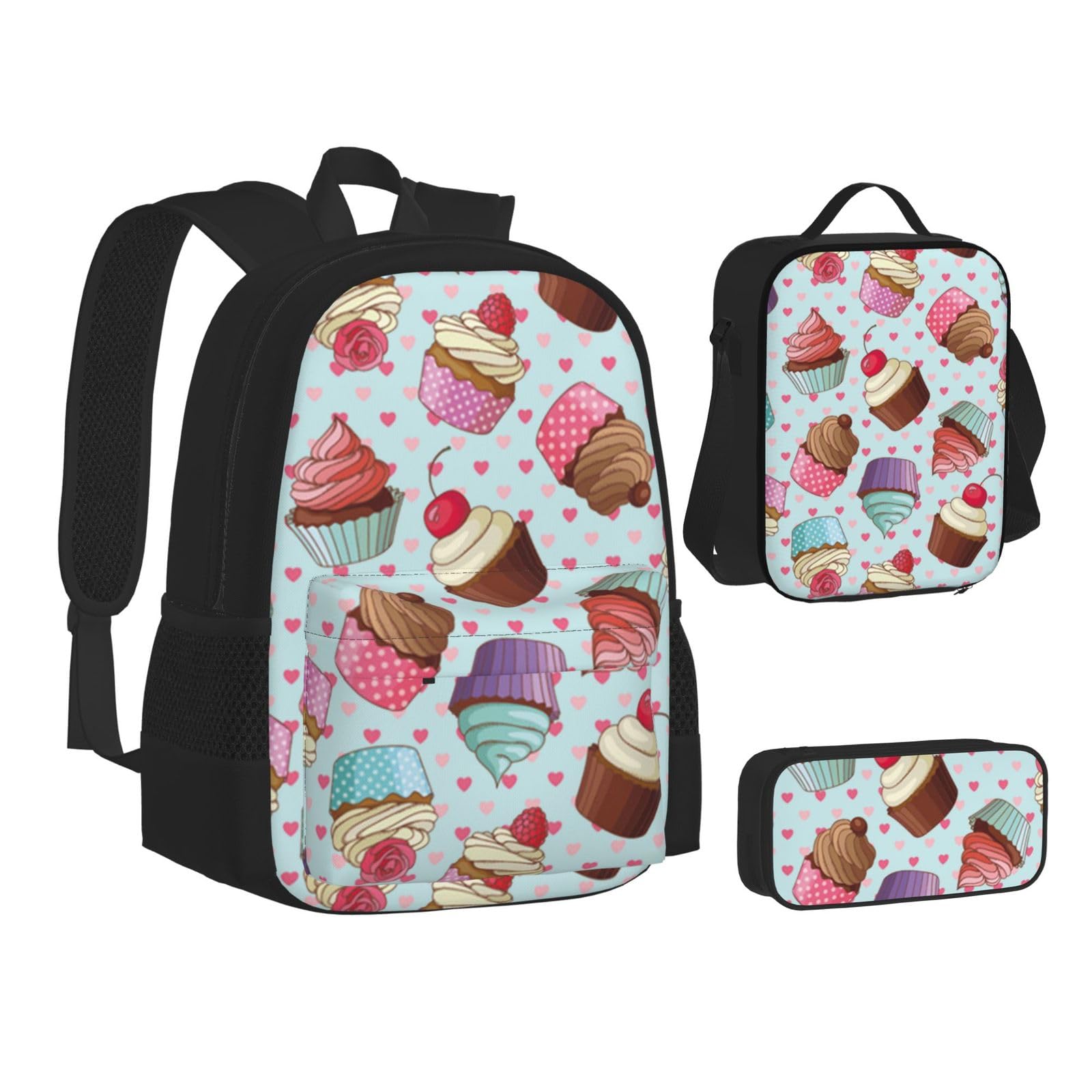 WURTON Büchertasche mit Cupcake-Motiv, 3-in-1, Schulrucksack-Set, Kinderrucksack, Lunch-Tasche, Federmäppchen, 3-in-1