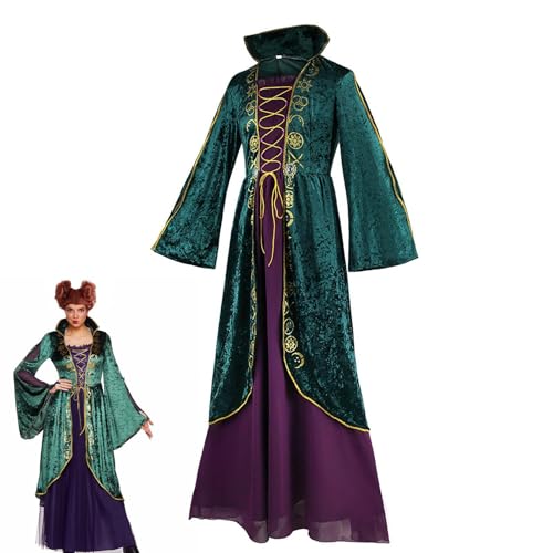 Winifred Sanderson Cosplay - Hocus Pocus Kleid für Damen | Mittelalterliches Renaissance-Kleid für Halloween | Sanderson Kostüme Werden Mit Perücke | Cosplay Kostüm Damen Samtkleid Kostüme