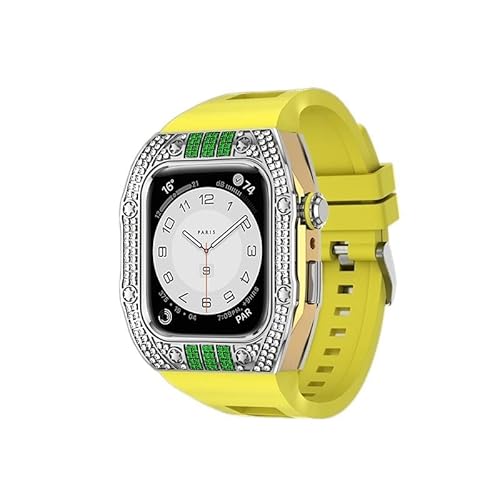 KANUZ Luxuriöses Diamantgehäuse-Modifikationsset für iWatch 8, 7, 6, SE, 5, 4, Gummiband, 44 mm, 45 mm, für Apple Watch, Metallbeze-Uhrenarmband (Farbe: Diamant-Gelb-GSGr, Größe: 44 mm)