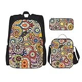 WURTON Ethnische Kreise Blumenmuster Druck Trendy Rucksack Taschen Lunchbox und Federmäppchen 3 in 1 Verstellbarer Rucksack Set, Schwarz, Einheitsgröße, Schwarz , Einheitsgröße