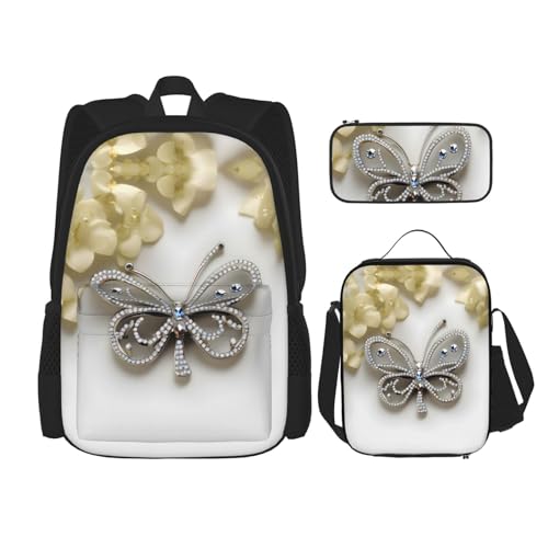 WURTON Strass Schmetterling und Blume Druck Reise Lunchbox Federmäppchen Rucksack Set 3 Stück Verstellbare Träger Leicht, Schwarz, Einheitsgröße, Schwarz , Einheitsgröße