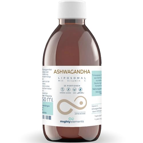 Liposomales Ashwagandha 200 mg + Vitamin C 300 mg I flüssig I 250 ml I vegan I hohe Bioverfügbarkeit I Mighty Elements I Glasflasche