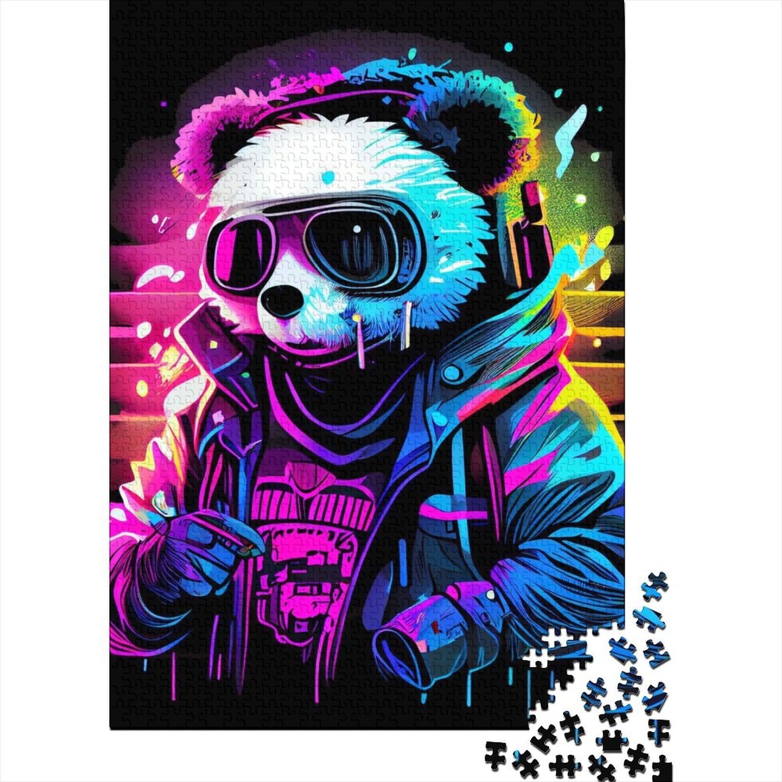 Neon-Panda-Holzpuzzle für Teenager, 1000 Teile, für Erwachsene, schwierige Puzzles, Lernspiele, Heimdekorationspuzzle, 75x50cm