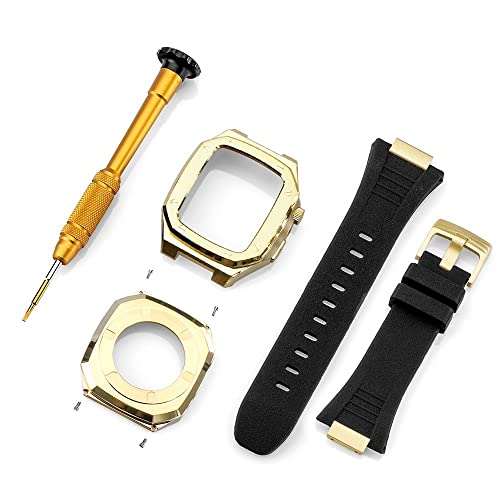 KANUZ Edelstahlarmband für Apple Watch, Armbandmodifikation, 45 mm, 44 mm, 41 mm, Metall-Mod-Kit-Set für iWatch Serie 8, 7, 6, SE, 5, 4, 3, 2, 1 (Farbe: Gold-B, Größe: 44 mm)