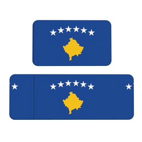 YQxwJL Küchenteppich, Motiv: Flagge des Kosovo, rutschfest, 2 Stück, bequeme Stehmatten für Küche, Büro