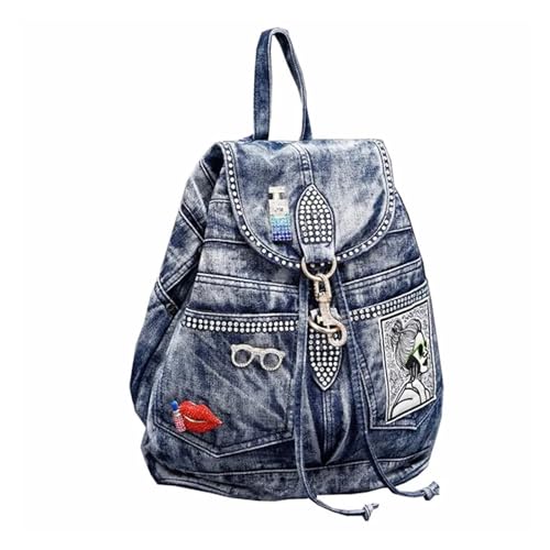 QSFZ NICHANGHUA Denim Frauen Casual Rucksack Große Kapazität Jeans Umhängetasche Mit Diamant Dec Weibliche Rucksäcke (Color : Blue)