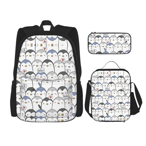 WURTON Rucksack mit süßem Pinguin-Druck, 3-in-1-Büchertaschen-Set, Lunchbox, Federmäppchen, Reise-Laptop-Tagesrucksäcke, Schwarz, Einheitsgröße