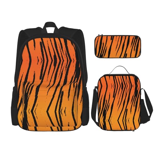 WURTON 3-in-1-Set mit Tigerstreifen-Druck, lässiger verstellbarer Schulter-Rucksack, Lunch-Tasche, Federmäppchen, Beutel, Schwarz, Einheitsgröße