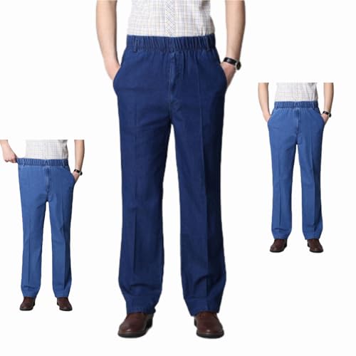 WINDEHAO Herren-Jeans zum Hineinschlüpfen, elastische Taille, Denim, gerade Hose (blau-dünn, Größe 2XL)