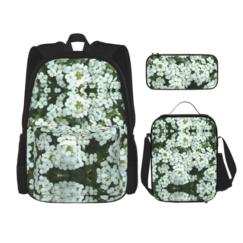 WURTON Schulrucksack-Set mit weißen Blumen, 3-in-1, Büchertaschen-Set mit Lunchbox, Federmäppchen, Reise-Laptop-Tagesrucksäcke