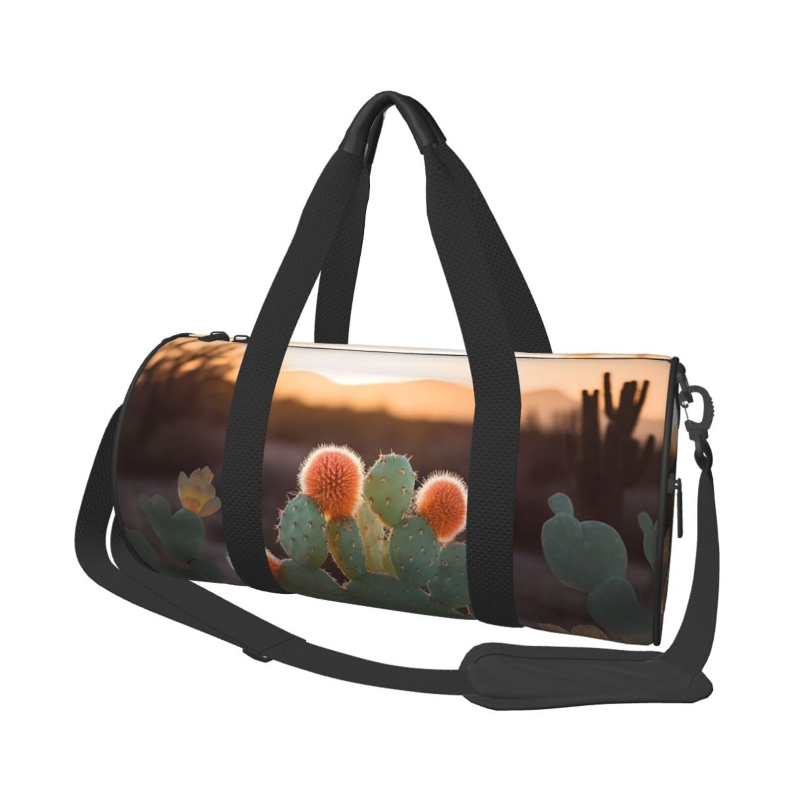 Sunset Kaktus-Reisetasche, Handgepäcktasche, Wochenendtasche, Übernachtungstasche, Sport, Turnbeutel für Damen und Herren, faltbar, runde Reisetasche für Reisen, Sport, Fitnessstudio, Schwarz,