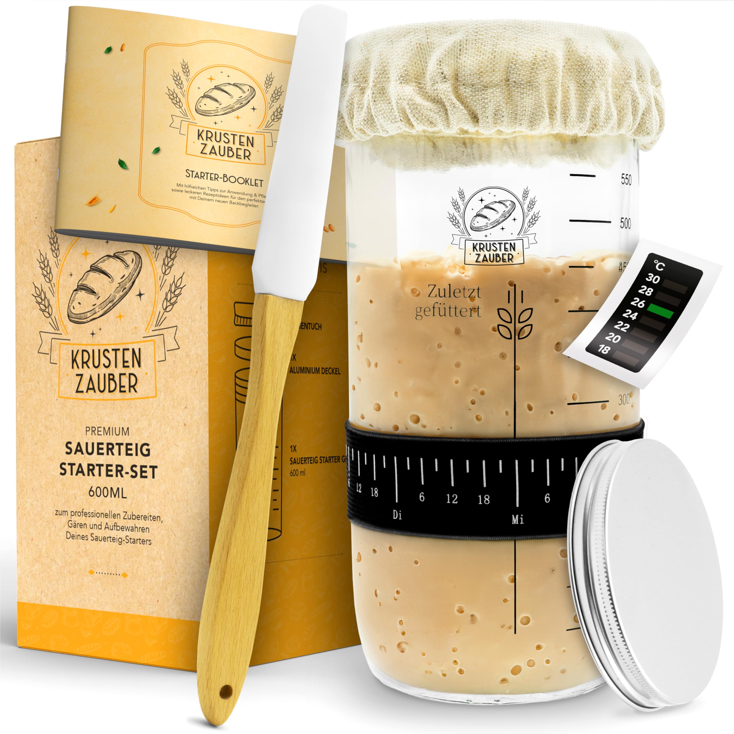 KRUSTENZAUBER Sauerteig Starter Set - 600ml Gärglas mit Spatel u. Thermometer - Brot Backen Zubehör, Sauerteig Glas, Fermentieren, Sourdough Starter Kit, Anstellgut Glas Behälter, Fermentierglas