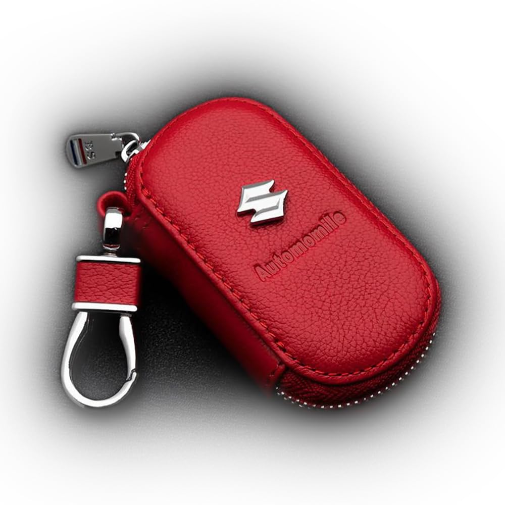 Suzuki Splash Swace Swift High-End-Schlüsseletui, Autoschlüssel-Schutzhülle aus Leder, Schlüsselanhänger-Tasche mit Abzeichen, Geschenke und Merchandise für Männer und Frauen,-Red-