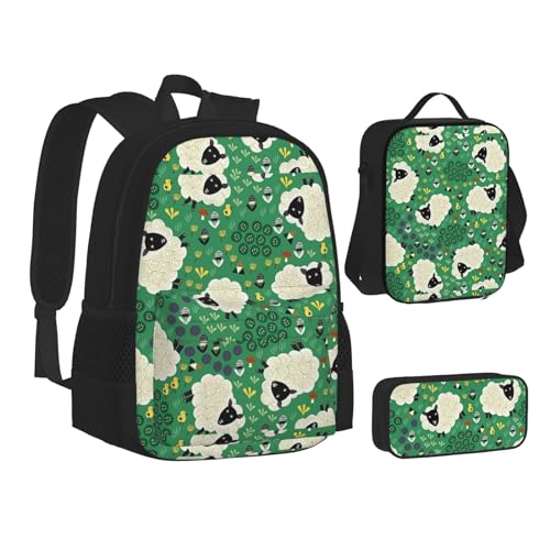 WURTON Niedlicher Cartoon-Schaf-Druck, Teenager-Rucksack, 3-in-1 (Federmäppchen + Schultasche + Lunchtasche)