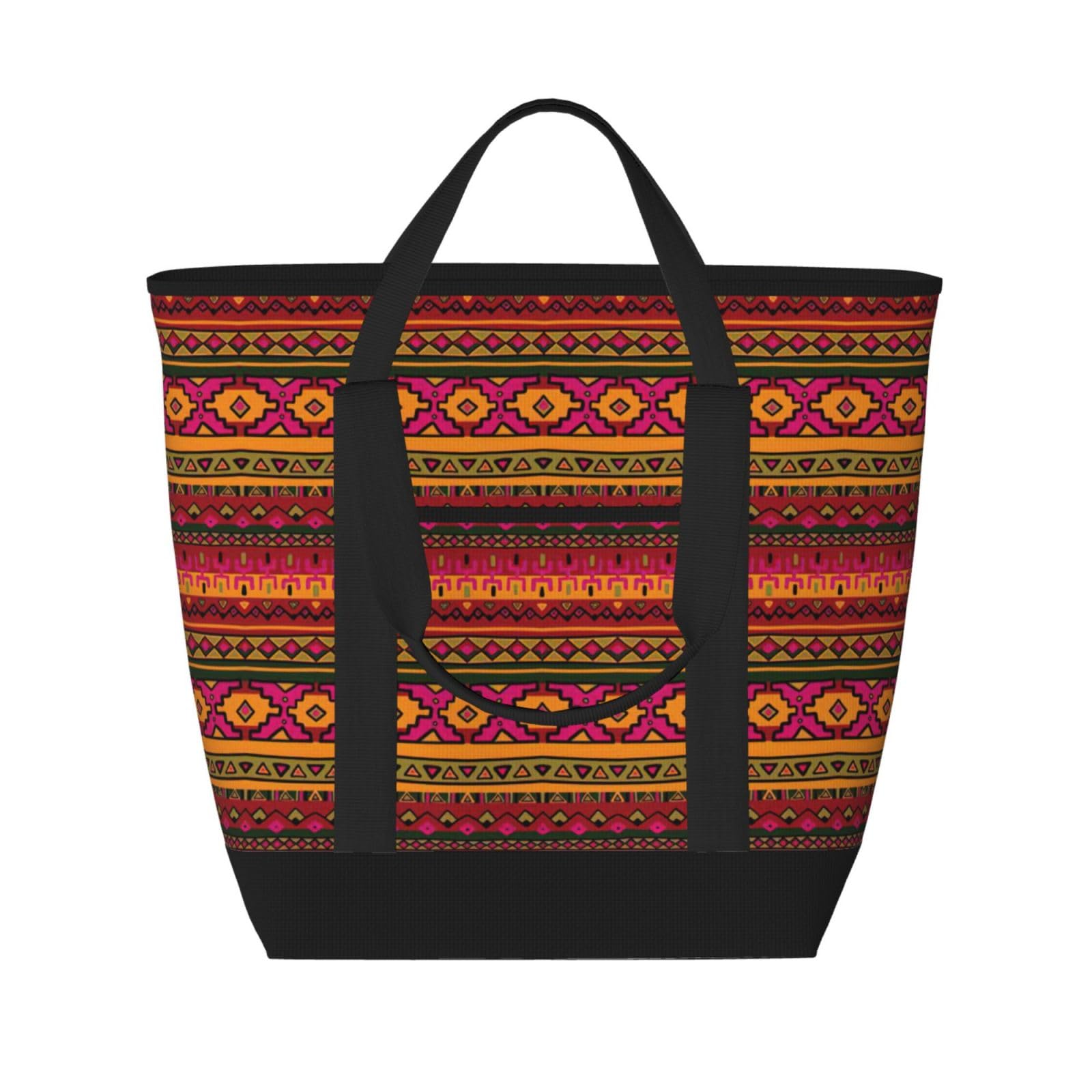 YQxwJL Einkaufstasche mit mexikanischem Volkskunst, Boho-Druck, großes Fassungsvermögen, isolierte Lunchtasche, wiederverwendbare Einkaufstasche mit Reißverschluss, für Damen und Herren