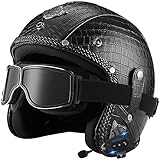 Bluetooth Jet Helm 3/4 PU Leder Motorradhelm Vintage Halbhelme Brain-Cap mit Schutzbrille Retro Scooter Offenem Helm Für Herren Damen ECE Zertifizierung Rollerhelm Halbschalenhelm