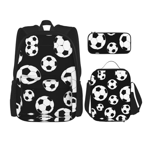 WURTON Lunchbox/Federmäppchen, Rucksack-Set, 3-teilig, verstellbare Riemen, langlebig, leicht, mit Fußballmotiven, Schwarz, Schwarz, One Size