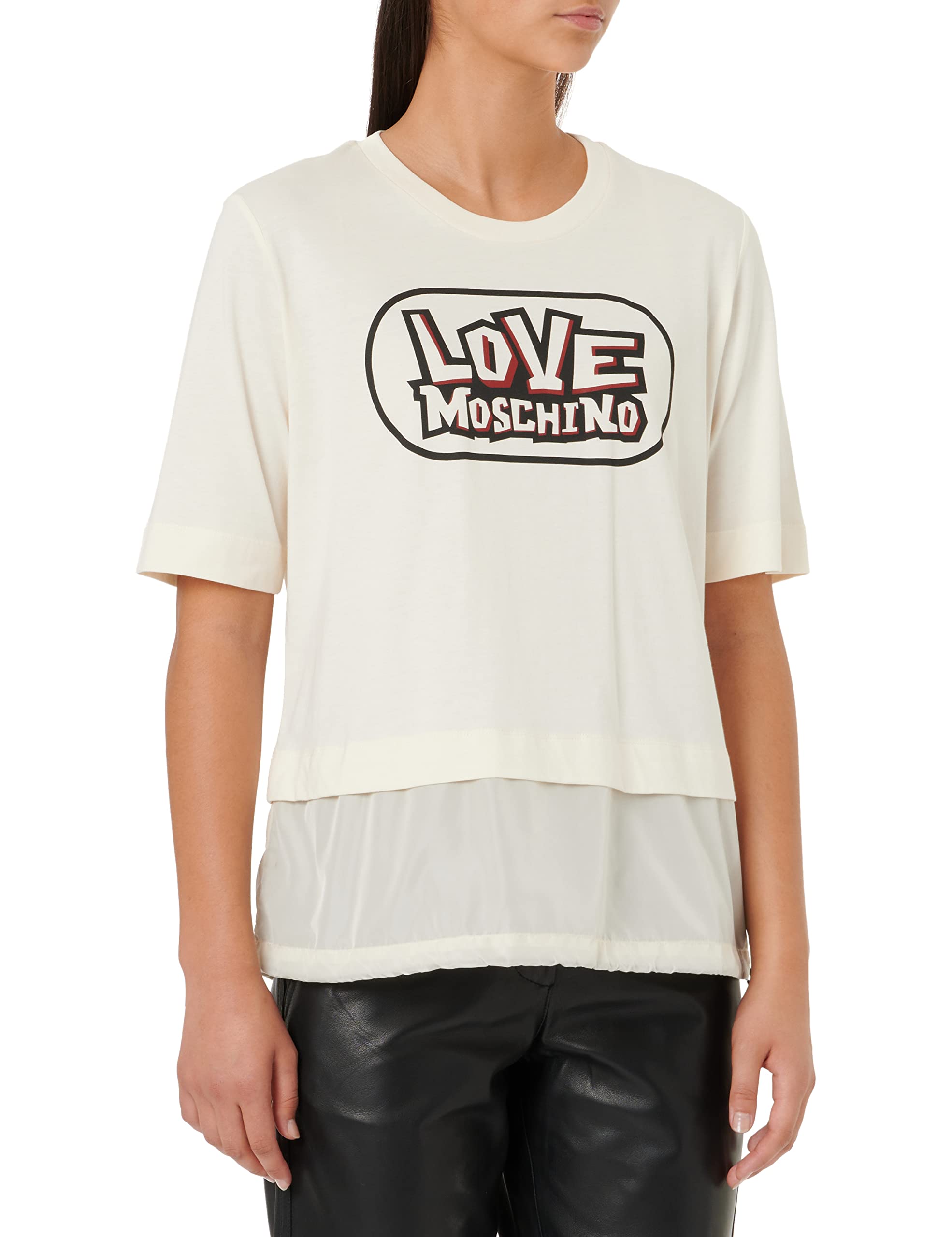 Love Moschino Damen Regular Fit Long Sleeves Skate Print Nylon Insert On The Bottom Of The Garment Closed By Drawstring T Shirt, Cream, 44 EU