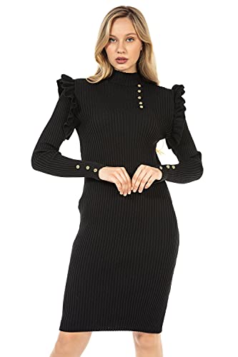 Cipo & Baxx Damen Freizeit Kleid Strickkleid Rüschen Knielang Stehkragen Strick WP224 Schwarz XL