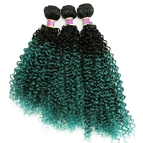 Human Hair Bundles 3 Hair Bundles Synthetic High Temperature Fiber Curly Hair Kinky Curly Hair Weave synthetic Curly wavy Hair Extensions for Women human hair weave(Color:T1B-Green,Size:18 inches 3 pi