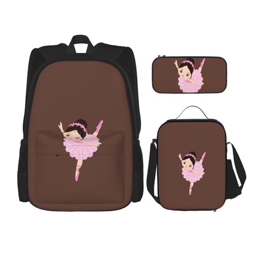 WURTON Little Ballerina Rucksack mit tanzendem Mädchen, bedruckt, für Mädchen, Jungen, Schultaschen, Teenager, Lunchbox und Federmäppchen, 3-in-1 Büchertaschen-Set, Schwarz, Einheitsgröße