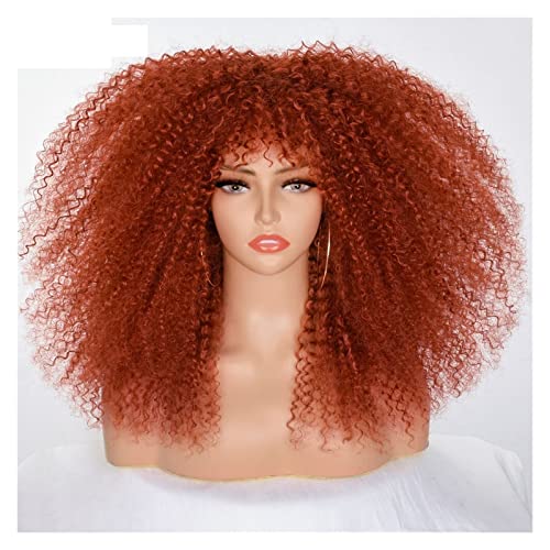 Perücken Afro Curly Perücken for schwarze Frauen Schwarz bis Braun Afro Kinky Curly Perücke mit Pony 18 Zoll Kunstfaser leimloses Cosplay-Haar Damenperücke(Color:350r)