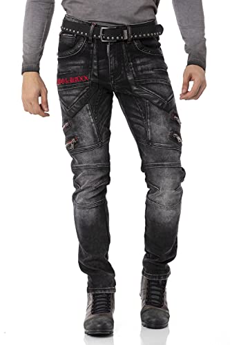 Cipo & Baxx Herren Jeans Hose Reißverschluss Straight Fit Kunstleder Denim Pants CD795 Schwarz W31 L34