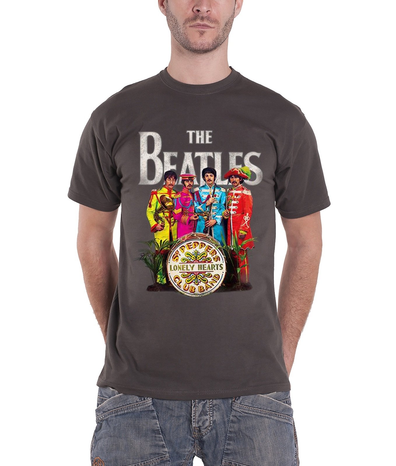 The Beatles T Shirt SGT Pepper Lonely Hearts Band Logo offiziell Herren Nue Grau M