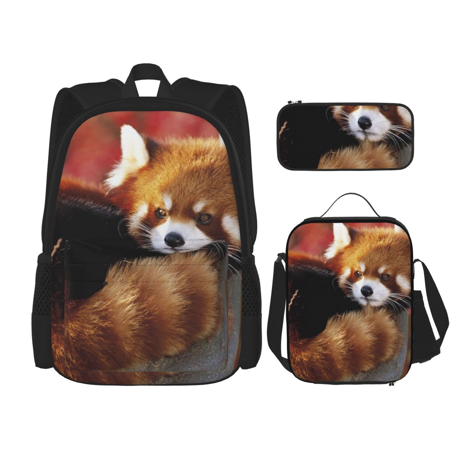 DENMER Mehrzweck-Schulranzen Marienkäfer mit passendem Federmäppchen und Lunchtasche Set - Ihre stilvolle All-in-One-Lösung, Red Panda, Einheitsgröße