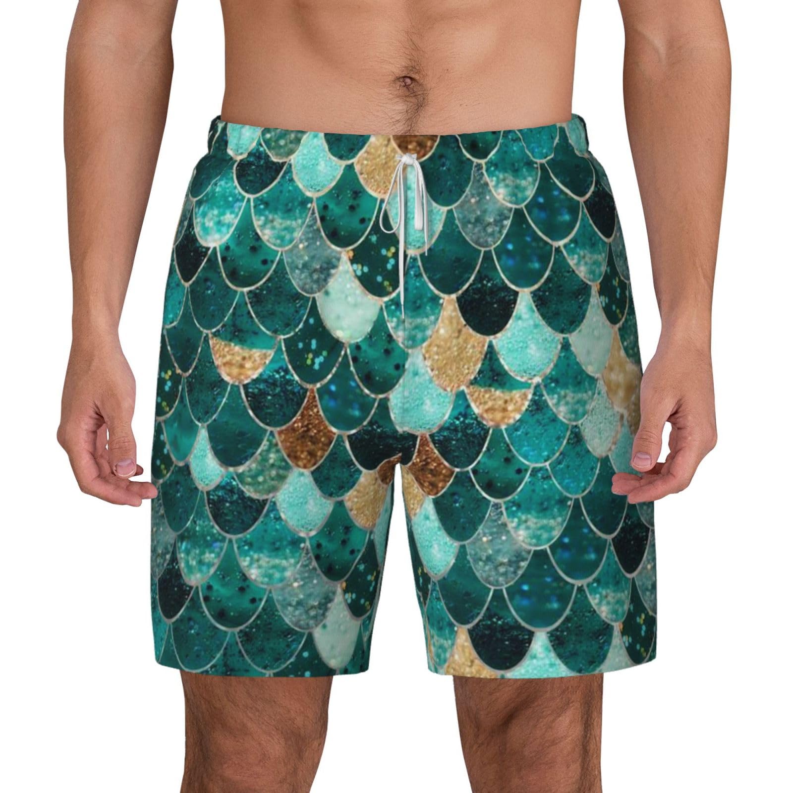 Meerjungfrau Fischschuppen Print Herren Doppellagige Badehose - Hawaiian Beach Shorts mit elastischer Taille, Weiss/opulenter Garten, Large