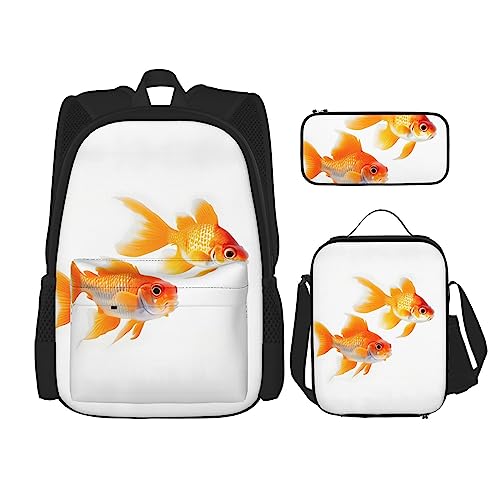 YQxwJL 3-in-1-Rucksack-Büchertaschen-Set, niedlicher Goldfisch-Druck, lässiger Reiserucksack, mit Federmäppchen, Lunchtasche, Süße Goldfische, Einheitsgröße