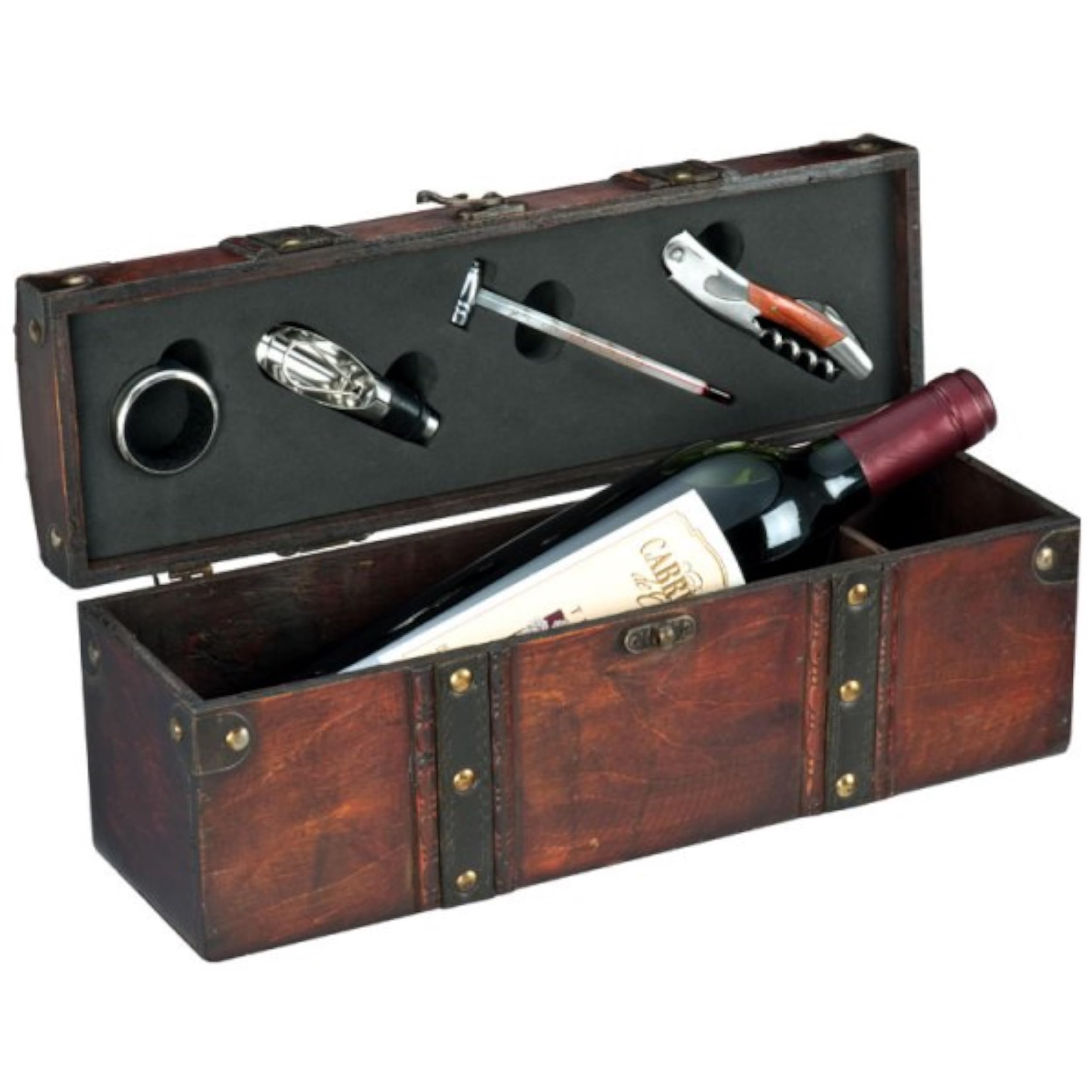 Weinset Sommelier Set in Holzkiste Schatztruhen Look 5-in-1 Barzubehör mit Weinkiste aus Holzbox - Dekantier Set aus Edelstahl mit Kellnermesser Weinthermometer Tropfring für Wein Geschenkset