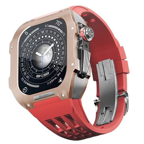 KANUZ Gummiarmband, Lünette, Titanlegierung, für iWatch Watch 7/8, Apple Mod Watch, Zubehör, Ersatz-Edelstahlgehäuse für Apple Serie 45 mm (Farbe: Rot 8, Größe: 45 mm)