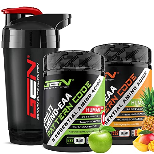 2x EAA Pulver + Premium Shaker - Green Apple + Mango Ananas - Human Code Formel - Alle 8 essentielle Aminosäuren - Amino Workout Drink - Leckerer Geschmack - Vegan (2x - 532 g)