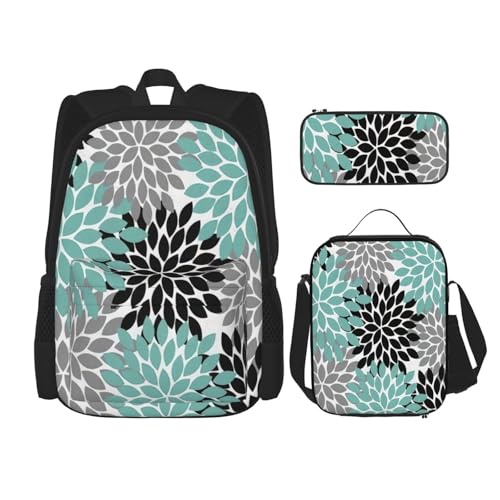 WURTON Schulrucksack-Set mit Dahlien-Blumendruck, 3-in-1-Büchertaschen-Set mit Lunchbox, Federmäppchen, Reise-Laptop-Tagesrucksäcke