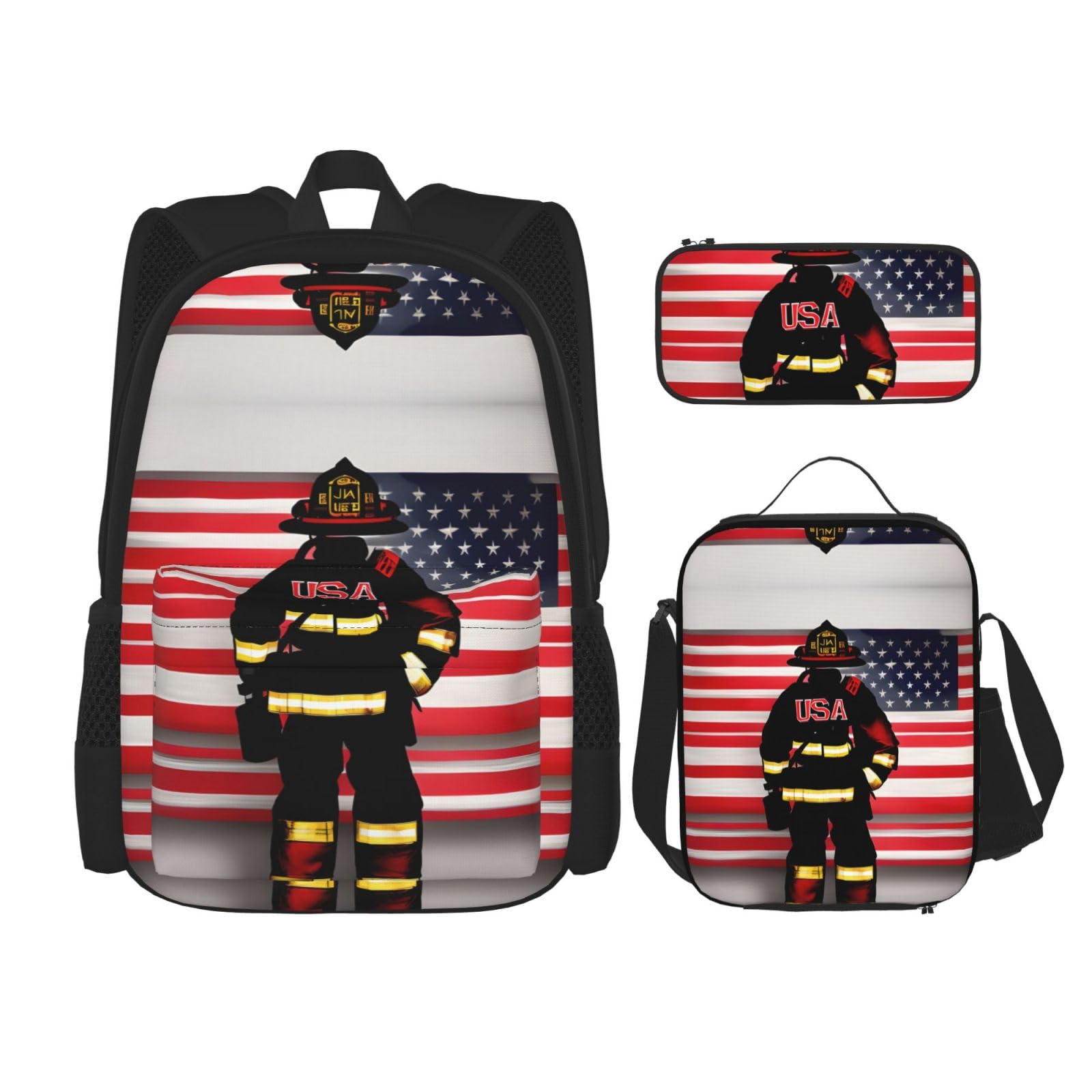 WURTON Reise-Lunchbox, Federmäppchen, Rucksack-Set, 3-teilig, verstellbare Riemen, leicht, Rot gestreift, Feuerwehrmann, USA-Flagge, Schwarz, Einheitsgröße