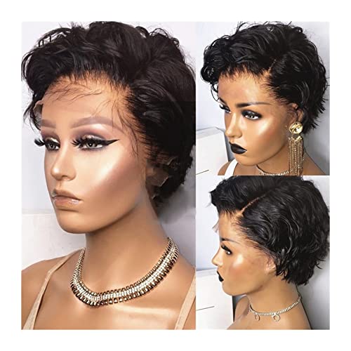 Perücken Schwarze kurze lockige Echthaarperücken Pixie Cut 4X4 Lace Closure Perücken for schwarze Frauen Kurze brasilianische Remy Hair Lace Frontal Perücken mit Babyhaar Damenperücke(Size:150%,Color: