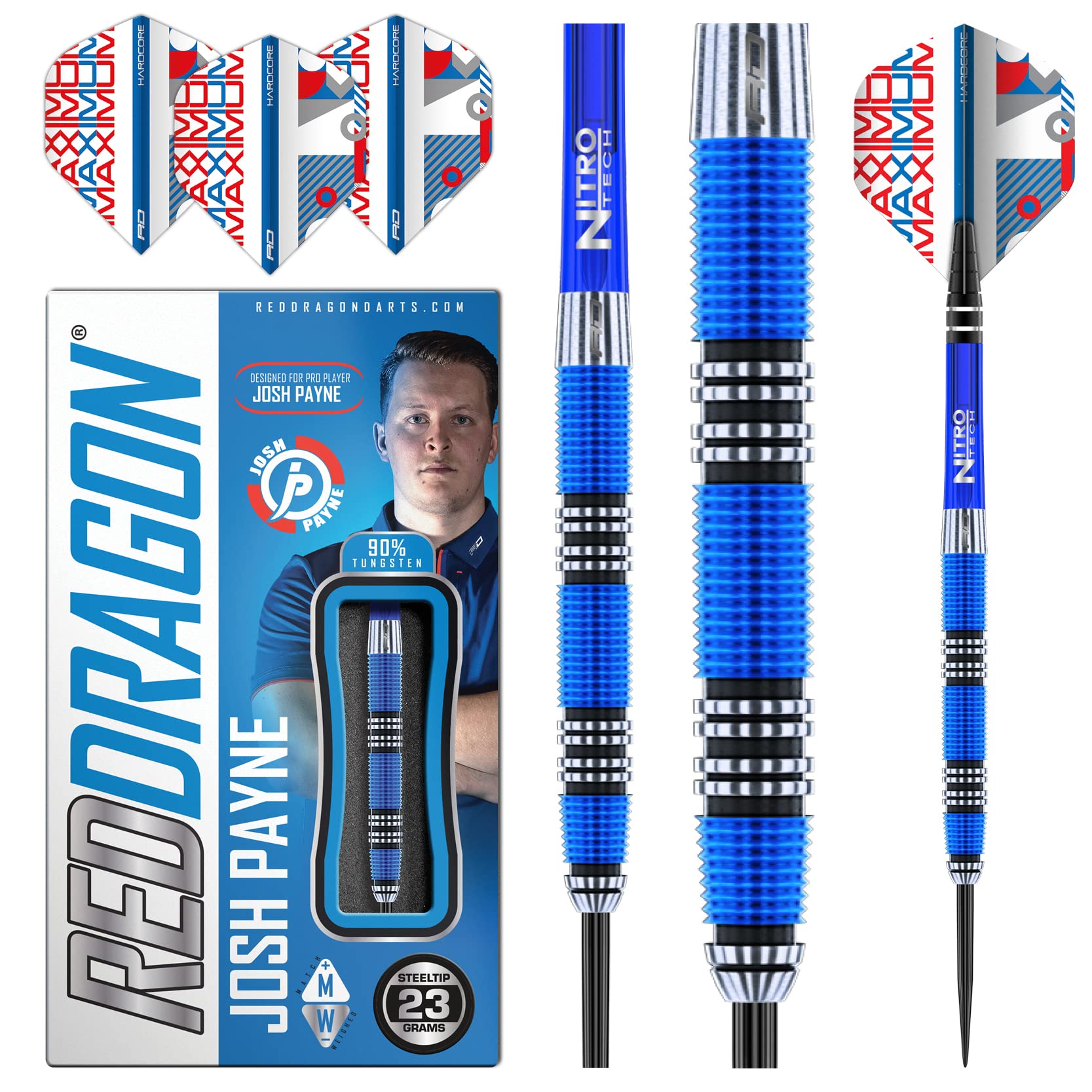 RED DRAGON Josh Payne 23 Gram Professional Tungsten Darts Set with Flights and Stems