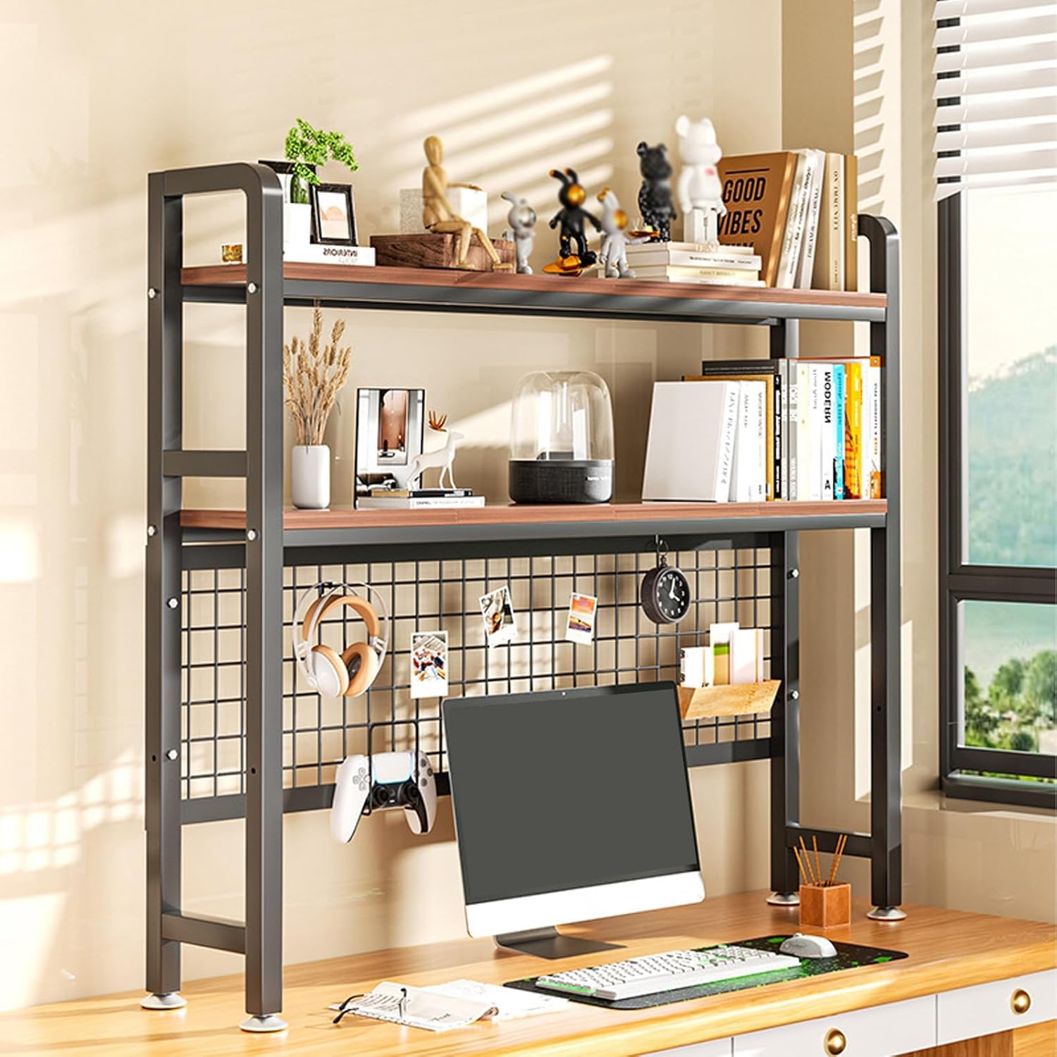 2-stufiger 3-stufiger Desktop-Bücherregal-Organizer, Computer-Desktop-Bücherregal, Mehrzweck-Schreibtischregal im Schlafsaal, Holz-Schreibtischregal-Organizer Oben auf dem Schreibtisch, Schw