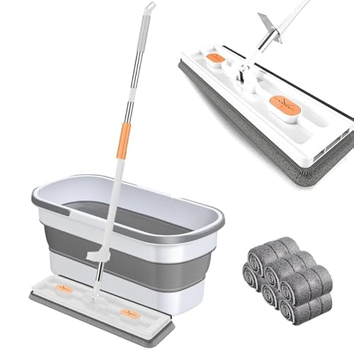 Großer Flacher Mop und Eimer Set, Selbstwringender Bodenwischer Set, 360° Drehbarer Reinigungsmopp, Nass- Trockenmopp für Bodenreinigung Hartholz, Fliesen, Laminat