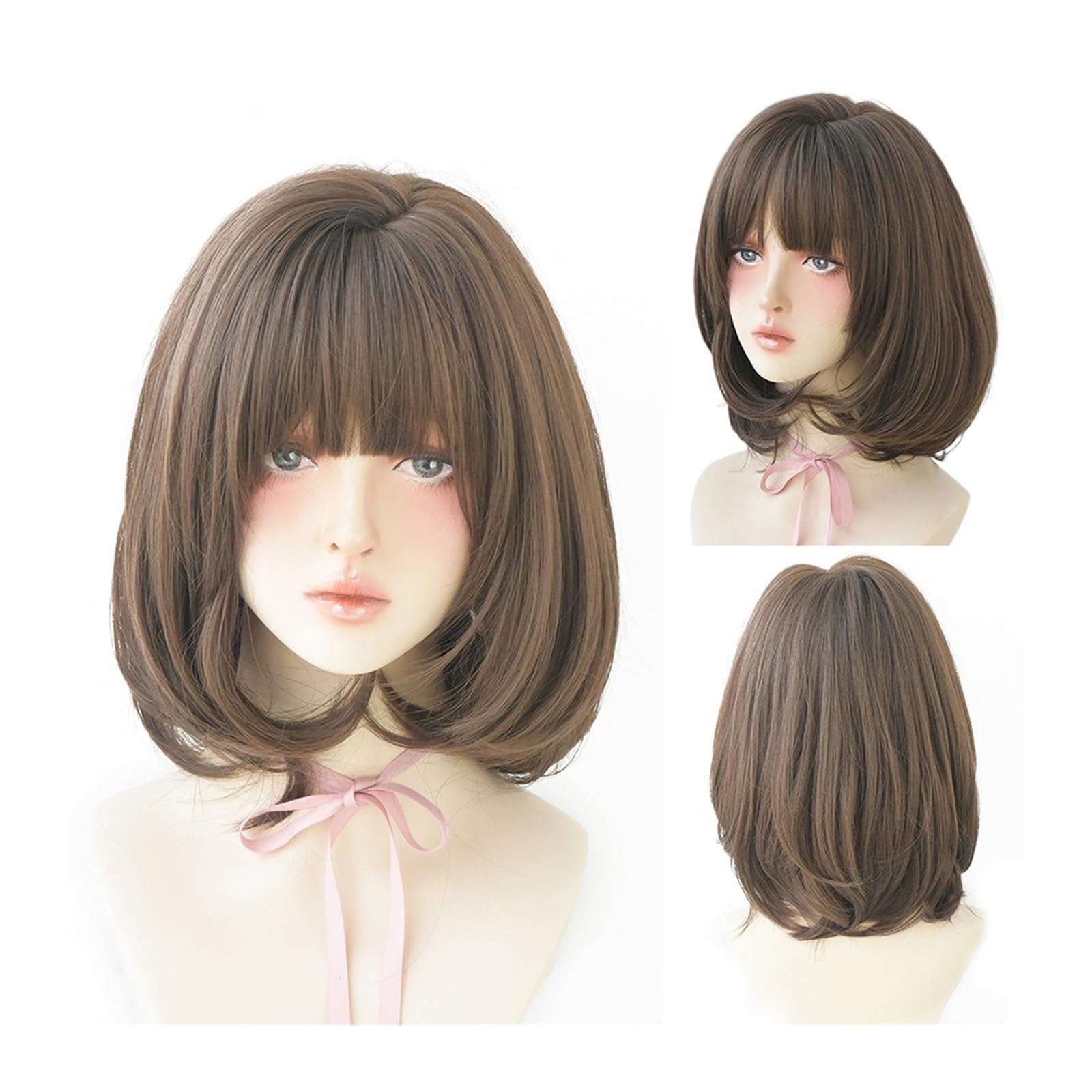 Perücke für Frauen Perücke, schwarz, natürlich, kurze Perücken, gerade Perücken mit Pony, braun, rosa, synthetisches Haar for Frauen, tägliches Cosplay, hitzebeständige Perücke Human Hair Wig(15.7inch