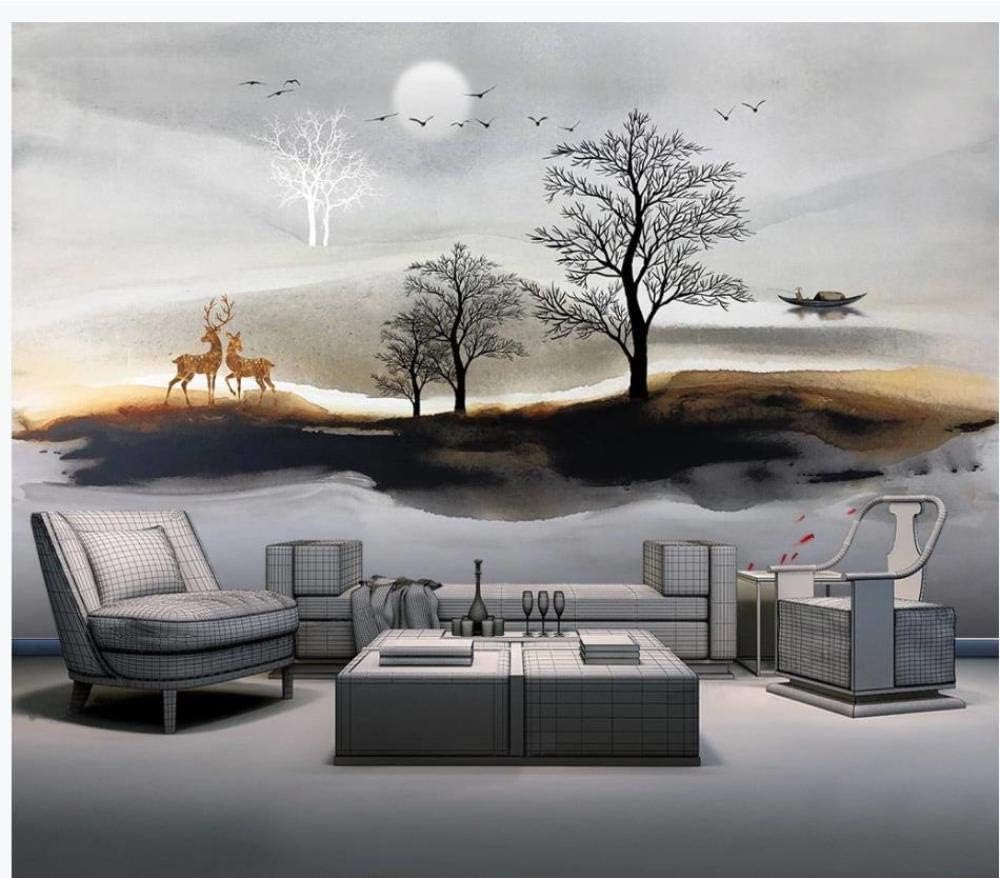 Tinte Landschaft Elch Mond Boot 3D Tapete Poster Restaurant Schlafzimmer Wohnzimmer Sofa TV Dekorative Wand-400cm×280cm