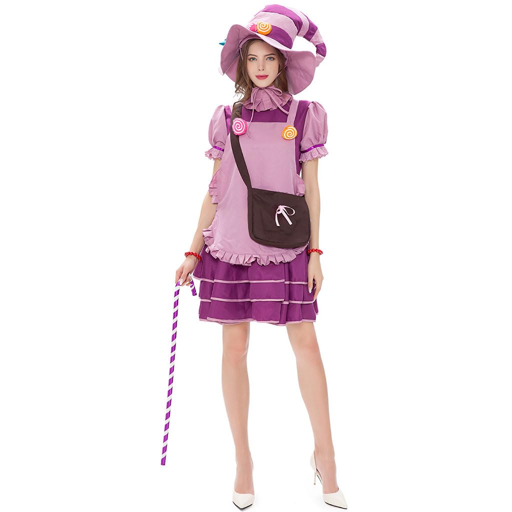 Avejjbaey Halloween Cosplay Dienstmädchen Uniform Schleife Kleid Hexenhut Party Kostüm