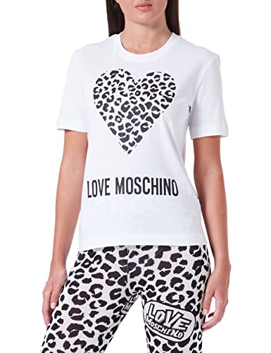 Love Moschino Damen Regular Fit Short Sleeves With Maxi Animalier Heart And Logo T Shirt, Optical White, 44 EU