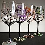 Vier Jahreszeiten Baum Weingläser – handgemalte Kunst, Frühling Sommer Herbst Winter bemalte Weingläser, saisonale Baum Kunst Design farbige Gläser (Stielglas, 4 STÜCK)