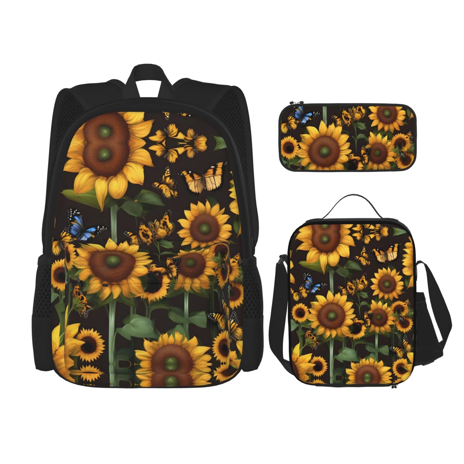 WURTON Sunflower Floral Butterflies Art Print Lunch Box Pencil Case Backpack Set 3 Pieces Adjustable Straps Durable Lightweight, Schwarz, One Size