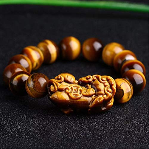 Armband Feng Shui Pixiu-Armband Natürlicher Tigerauge-Stein Heilkristall Reichtum Glück Perlenarmbänder Edelstein-Energie-Charm-Armband Bringen Sie Wohlstand, 12 mm Damenschmuck (Größe: 14 mm)